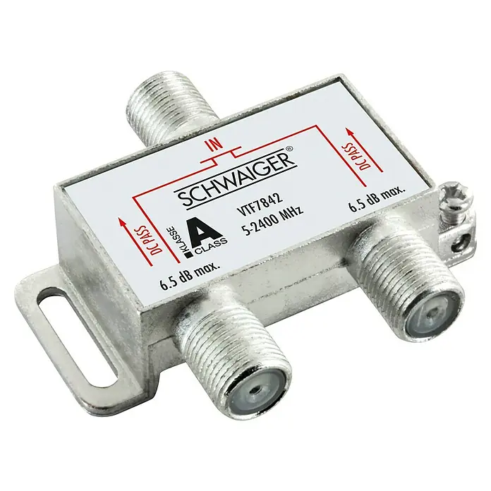 Schwaiger Verteiler - 2-fach, F-Buchse, 5 - 2.400 MHz, 6,5 dB - Ein Antennenverteiler von Schwaiger, Modell VTF7842, für Frequenzen von 5-2400 MHz, ideal für den Empfang von TV- und Radiosignalen.