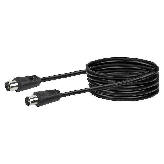 Schwaiger Koaxialkabel - 5 m, Schwarz, Schirmungsmaß: 75 dB, IEC-Stecker, IEC-Buchse - Ein gewickeltes, schwarzes Koaxialkabel mit zwei F-Steckern an den Enden für den Anschluss von TV-Geräten oder Satellitenempfängern.