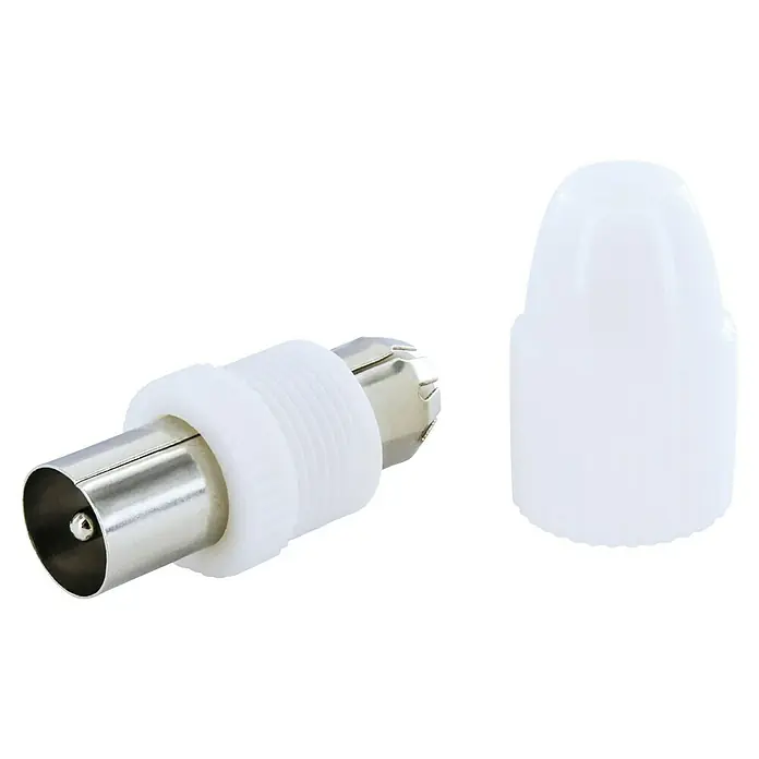 Schwaiger Koax-Stecker - IEC-Stecker, Kunststoff, Schraubbare Innenleiter, 1 Stk. - Koaxialkabel-Stecker mit weißem Kunststoffgehäuse und Schutzkappe, ideal für Kabelanschlüsse.