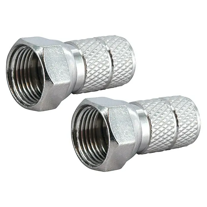 Schwaiger F-Stecker-Set Standard - 6,5 mm, 2 Stk. - Zwei silberne F-Stecker für Kabelverbindungen auf einem schwarzen Hintergrund.