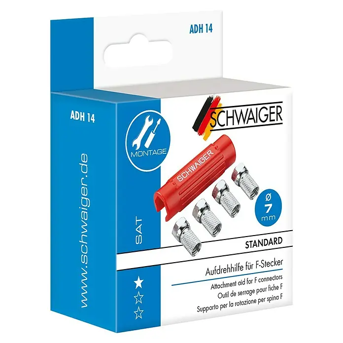 Schwaiger Aufdrehhilfe-Set - 1 x Aufdrehhilfe, 4 x F-Stecker, Durchmesser: 7 mm - Das Bild zeigt eine Packung SCHWAIGER Aufdrehhilfe für F-Stecker, ein Werkzeug zum einfachen Anziehen von F-Steckern.