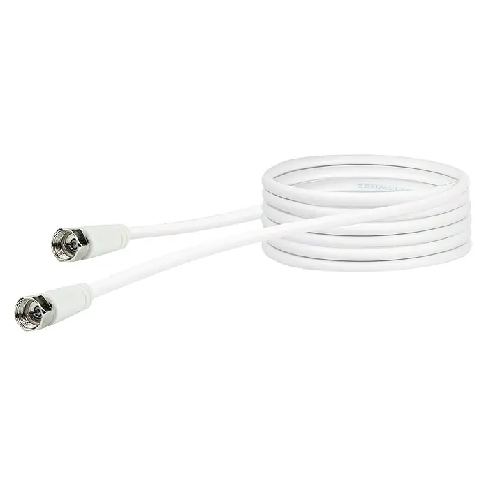 Schwaiger Koaxialkabel - 5 m, Weiß, Schirmungsmaß: 75 dB - Weißes Koaxialkabel mit F-Steckern, aufgerollt und bereit für den Anschluss von Fernsehern oder Receivern. Ideal für klare Signalübertragung.