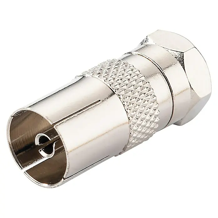 Schwaiger Adapter - F-Stecker, IEC-Buchse, 1 Stk. - Nahaufnahme eines silbernen F-Steckers für Koaxialkabel mit Innengewinde und geriffeltem Gehäuse.