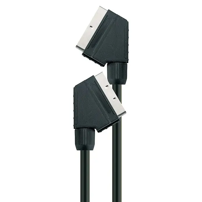 Schwaiger Scart-Kabel - Länge: 2 m, Schwarz, 10 mm - Abgewinkeltes SCART-Kabel mit zwei Steckern. Ideal für platzsparende Verbindungen und hochwertige Signalübertragung in Audio/Video Systemen.