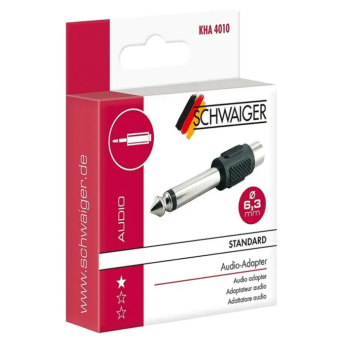 Schwaiger Audio-Adapter - Klinkenstecker 6,3 mm, Cinch-Kupplung - Nahaufnahme der Verpackung eines Schwaiger Audioadapters mit 6,3 mm Klinkenstecker für hochwertige Audioübertragung.