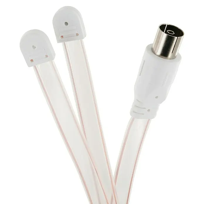 Schwaiger UKW-Wurfantenne - Koax-Buchse, Kabellänge: 1,8 m - Eine Nahaufnahme einer weißen Twin-Litze Antennenleitung mit einem Antennenstecker für den Anschluss an einen Fernseher oder Radio.