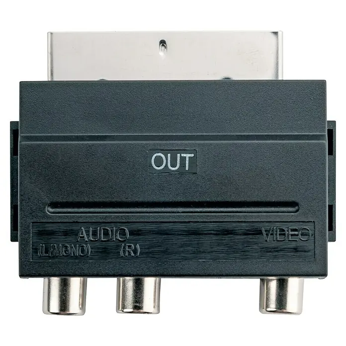 Schwaiger Video-AV-Adapter OUT - 1 x Scart-Stecker, 3 x Cinch-Kupplung - Nahaufnahme eines Scart-Adapters mit Audio- und Videoausgängen, der eine Verbindung zu älteren Geräten ermöglicht.
