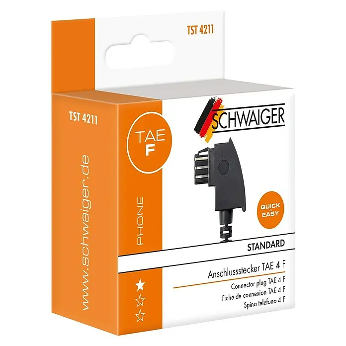 Schwaiger TAE-Anschlussstecker F - Schwarz, TAE-F-Stecker - Abbildung des TAE 4 F Anschlusssteckers von Schwaiger in der Verpackung.