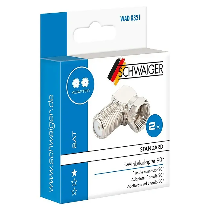 Schwaiger Winkeladapter - F-Stecker, 90 ° gewinkelt, Geeignet für: Koax-Kabel - Bild der Verpackung eines SCHWAIGER F-Winkeladapters 90° mit der Modellnummer WAD 8321, ideal für SAT-Anwendungen und Standardanschlüsse.