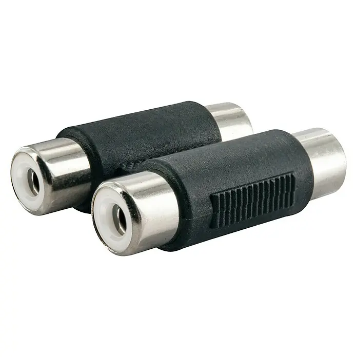 Schwaiger Audio-Adapter - Cinch-Buchse, 2-fach - Zwei RCA-Kupplungen im Detail. Die Kupplungen sind schwarz mit silbernen Anschlüssen und weißem Innenraum.
