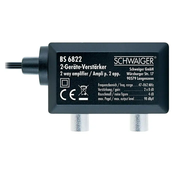 Schwaiger Zwei-Geräteverstärker - 47 - 862 MHz, 2 x 8 dB, Kabellänge: 1,5 m - Abbildung eines Schwaiger BS 6822 2-Wege-Verstärkers mit technischen Details und Logos.