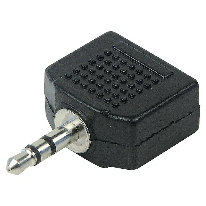 Schwaiger Audio-Adapter - 2 x Klinkenkupplung  3,5 mm, 1 x Klinkenstecker 3,5 mm - Nahaufnahme eines schwarzen 90-Grad-Kopfhöreradapters mit einer silbernen 3,5-mm-Klinke.