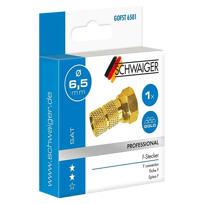 Schwaiger F-Stecker Professional - Durchmesser: 6,5 mm, Vergoldet, 1 Stk. - Verpackung eines vergoldeten 6,5mm F-Steckers von Schwaiger, ideal für professionelle Satellitenanschlüsse.