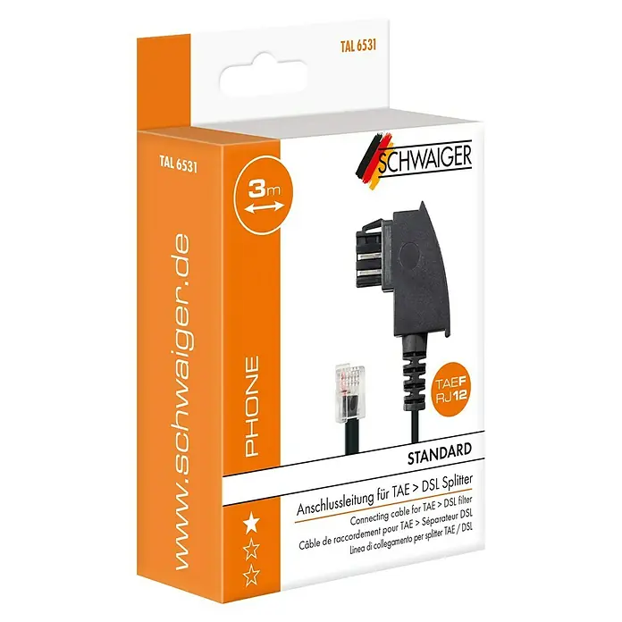 Schwaiger DSL-Anschlusskabel - 3 m, TAE-F-Stecker - Nahaufnahme der Verpackung eines TAE/DSL Splitter-Anschlusskabels von Schwaiger mit einer Länge von 3m, ausgezeichnet mit drei Sternen.