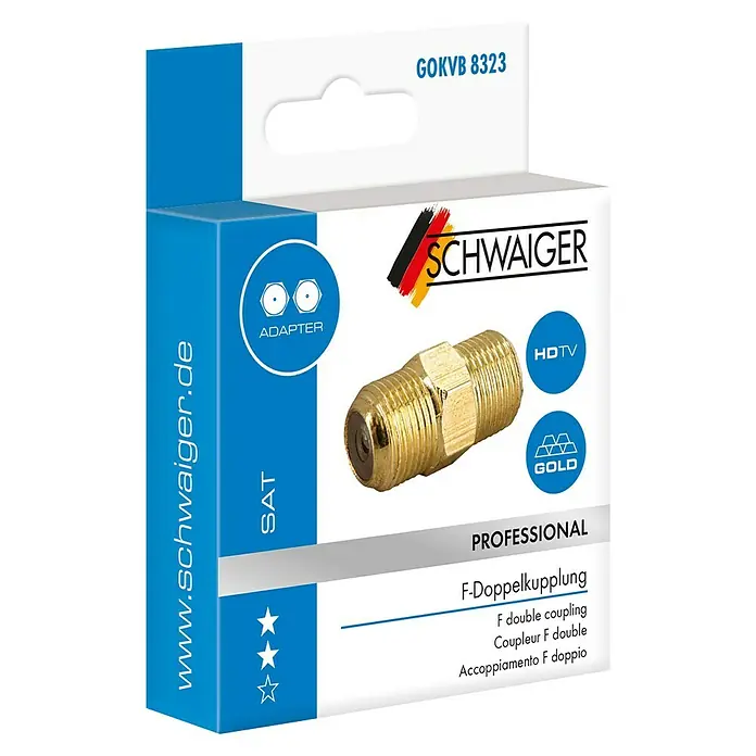 Schwaiger F-Doppelbuchse - Geeignet für: F-Stecker - Verpackung einer goldenen Schwaiger F-Doppelkupplung für professionelle SAT-Adapter mit HDTV Unterstützung.