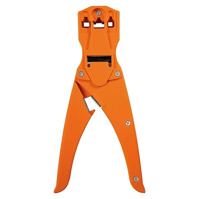 Schwaiger Crimpzange für Westernstecker - Kunststoff - Orangefarbener Crimpzange mit 6P, 8P und 4P Steckplätzen und einer Schneidklinge für das schnelle Abisolieren und Crimpen von Kabeln.