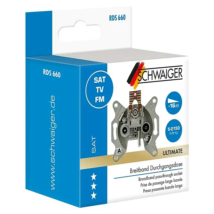 Schwaiger Antennendosen-Einsatz Breitband Durchgangsdose - 3-fach, 16 dB - 19 dB - Bild einer RDS 660 Breitband Durchgangsdose von Schwaiger, ideal für SAT, TV und FM-Signale mit exzellenter Leistung.