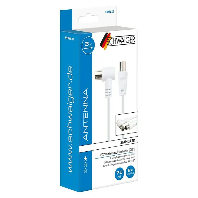 Schwaiger Antennen-Anschlusskabel - 3 m, Weiß, 75 dB, IEC Stecker auf IEC Winkelbuchse - Verpackung eines weißen Schwaiger Antennenkabels (KVKW 30) mit IEC Winkelanschluss für Standardanwendungen, 3m Länge, 75dB, 2x geschirmt.