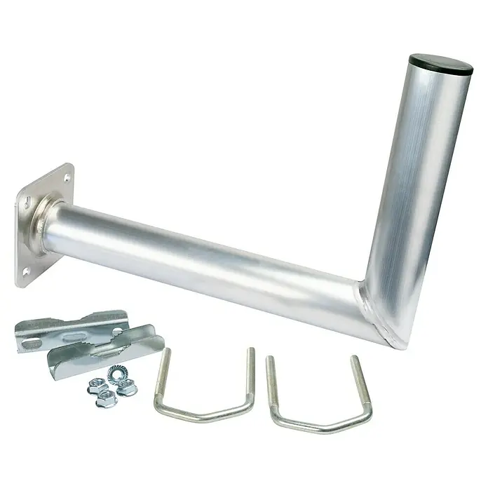 Schwaiger Mast-Balkonausleger - 30 cm Wandabstand, Aluminium, Silber - Ein silberner Antennenmast mit Befestigungsmaterial auf schwarzem Hintergrund.