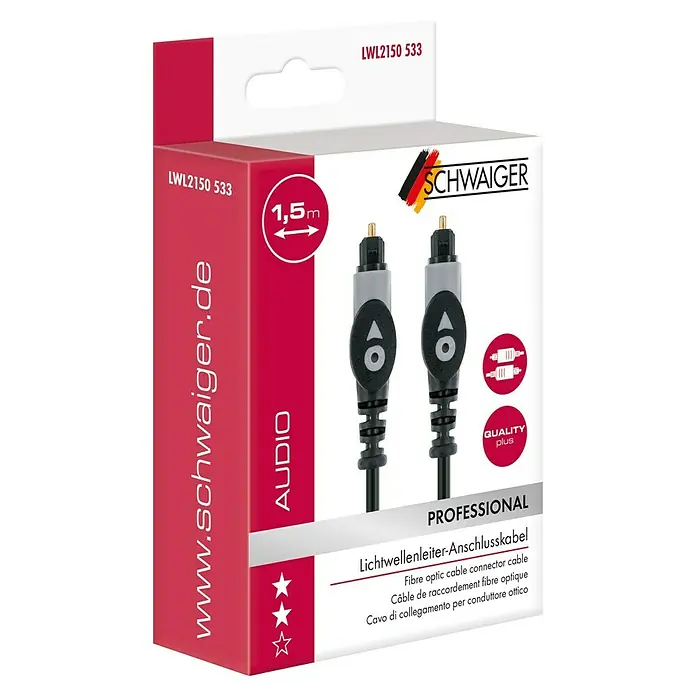 Schwaiger Lichtwellenleiter-Kabel - 1,5 m, Schwarz, Toslink-Stecker - Abbildung einer Verpackung für ein Lichtwellenleiter-Anschlusskabel der Marke SCHWAIGER, Länge 1,5m.