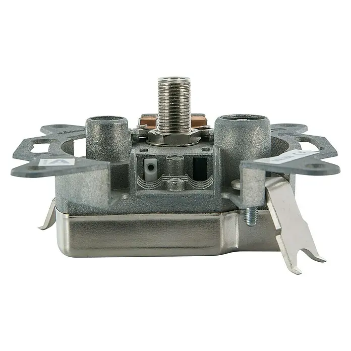 Schwaiger SAT-Antennendosen-Einsatz Einzel- oder Stichleitungsdose - 3-fach, 2,5 dB - 5,5 dB - Nahaufnahme eines TV-Antennenanschlusses mit F-Stecker, Koaxialkabel-Buchsen und Befestigungselementen.