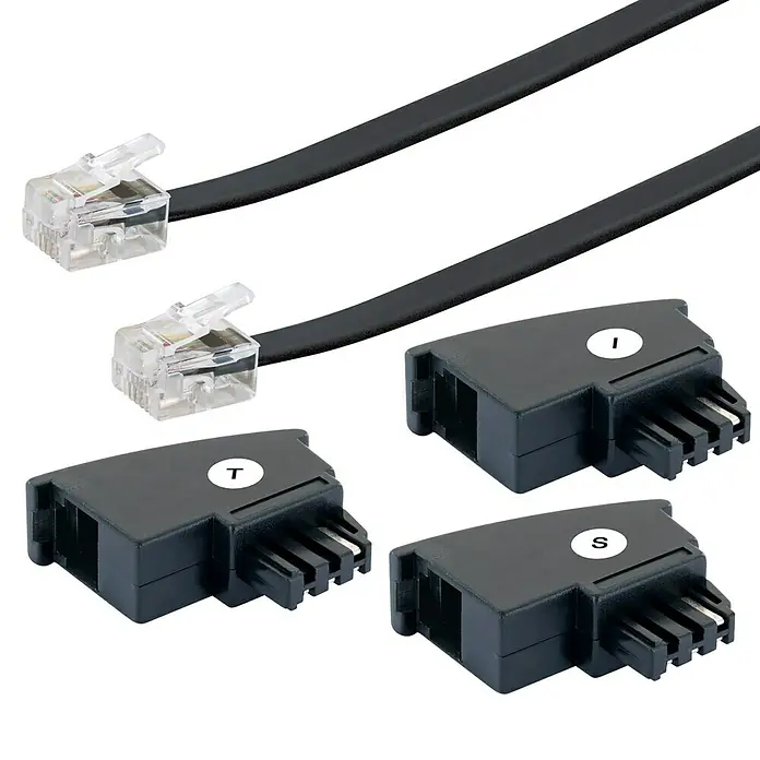 Schwaiger Telefon-Anschluss-Set - TAE-F-Stecker, Kabellänge: 6 m - Nahaufnahme von ISDN-Adaptern mit Kabeln, die ISDN-Anschlüsse und Adapter mit den Buchstaben T, I und S zeigen.