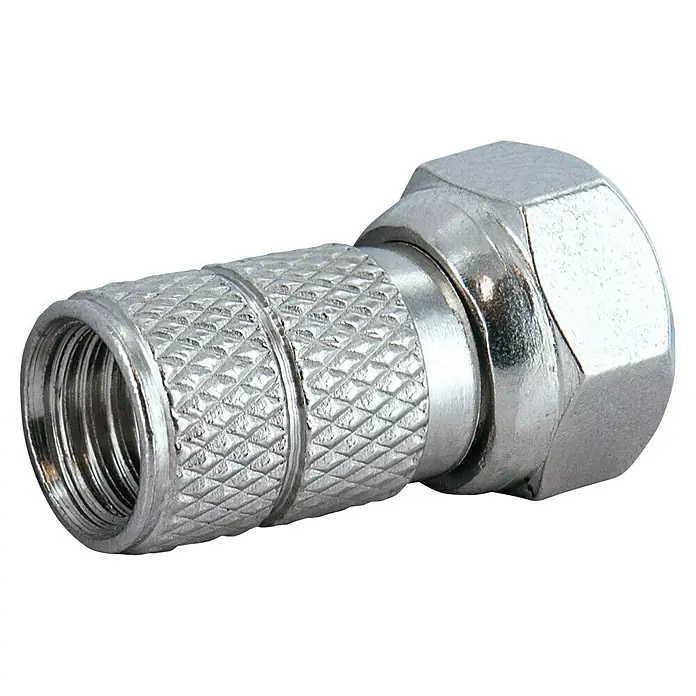 Schwaiger F-Stecker-Set Standard - 6,5 mm, 2 Stk. - Nahaufnahme eines F-Steckers, eines Koaxialkabelverbinders, der in der Telekommunikation verwendet wird, um Kabel sicher zu verbinden.