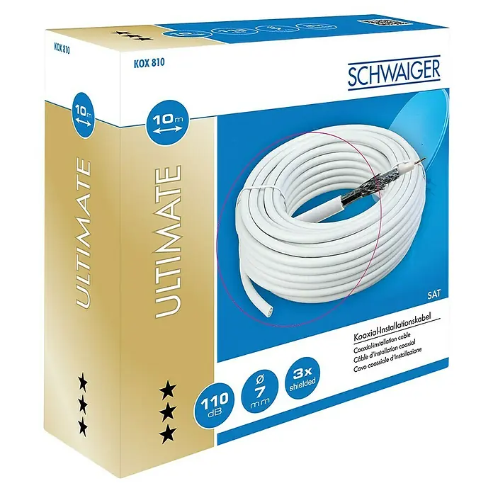 Schwaiger Koaxialkabel - 10 m, Weiß, Schirmungsmaß: 110 dB - Verpackung einer 10-Meter-Rolle Schwaiger Koaxial-Installationskabel Ultimate, 3-fach geschirmt mit 7mm Durchmesser und 110 dB.