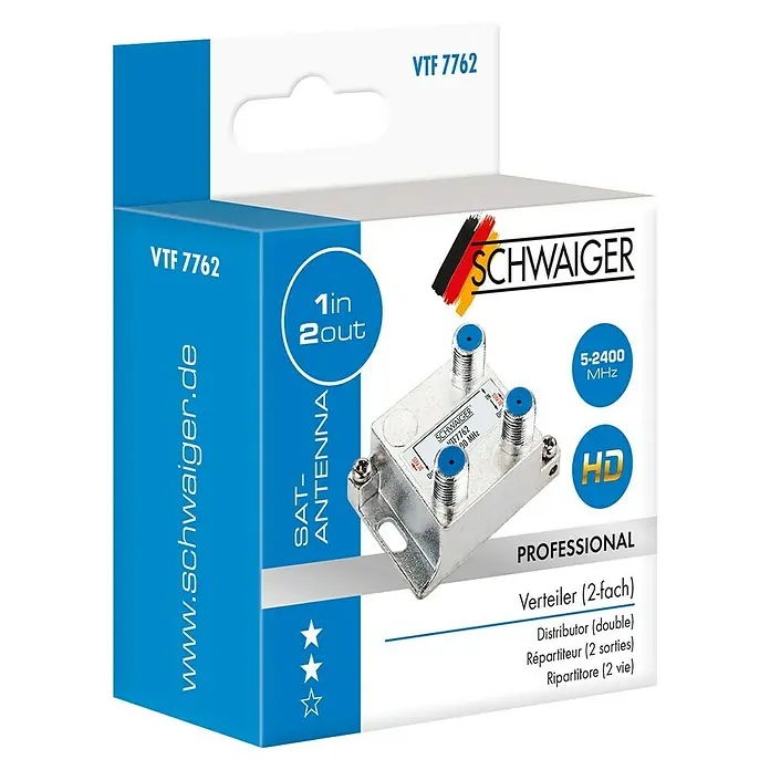 Schwaiger Verteiler - 2-fach, F-Buchse, 5 - 2.400 MHz, 4 dB - Produktverpackung eines 2-fach Verteilers von Schwaiger, Modell VTF 7762, für Sat-Antennen mit Frequenzbereich 5-2400 MHz.
