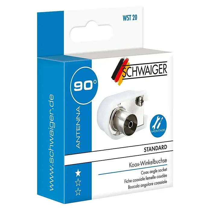 Schwaiger Koax-Winkelbuchse - IEC-Winkelbuchse 90 °, Kunststoff, 1 Stk. - Abbildung einer Koax-Winkelbuchse von Schwaiger, die für Antennenanschlüsse verwendet wird.\n
