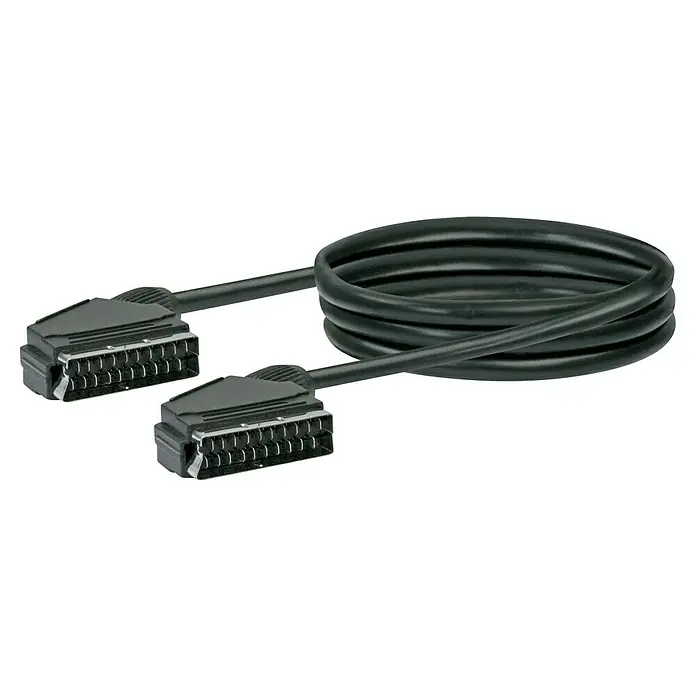 Schwaiger Scart-Kabel - Länge: 2 m, Schwarz, 10 mm - Ein schwarzes SCART-Kabel mit zwei Steckern, aufgerollt dargestellt. Ideal für ältere AV-Geräte zur Verbindung.