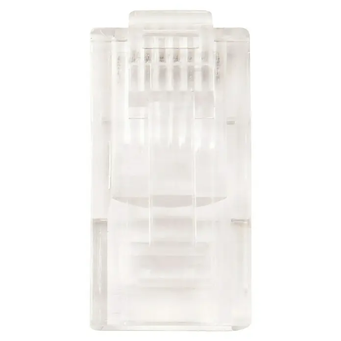 Schwaiger Netzwerk-Stecker - RJ45-Stecker, Transparent, 4 Stk. - Detailaufnahme eines transparenten RJ45-Steckers, der für Netzwerkverbindungen verwendet wird und eine klare Sicht auf die internen Kontakte bietet.