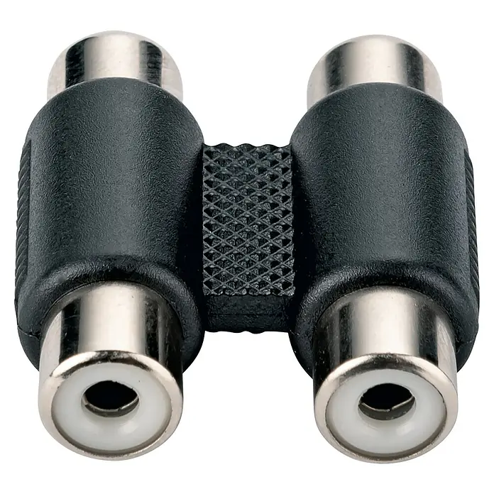 Schwaiger Audio-Adapter - Cinch-Buchse, 2-fach - Nahaufnahme eines schwarzen RCA-Kupplungsverbinders mit silbernen Anschlüssen, der für Audio- und Videoanwendungen verwendet wird.