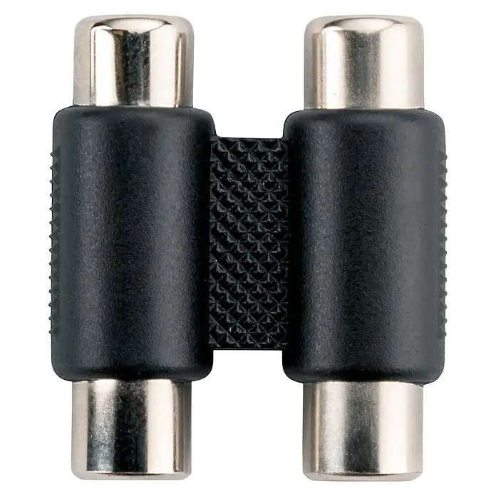 Schwaiger Audio-Adapter - Cinch-Buchse, 2-fach - Nahaufnahme eines schwarzen Cinch-Kupplungsstücks mit silberfarbenen Anschlüssen auf schwarzem Hintergrund.