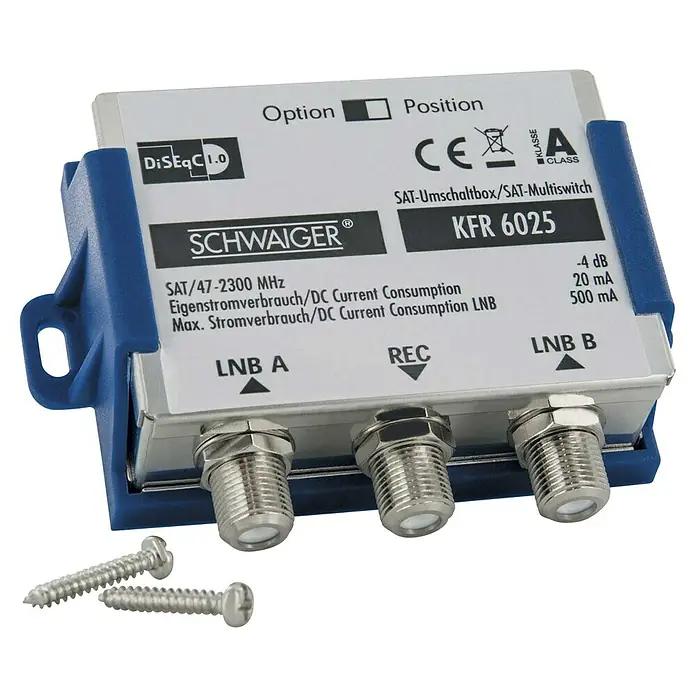 Schwaiger SAT-Umschaltbox - DiSEqC 1.0, 47 - 2.300 MHz, 4 dB - Abbildung eines Schwaiger KFR 6025 SAT-Multischalters mit blauer Halterung, Anschlüssen und Befestigungsschrauben.