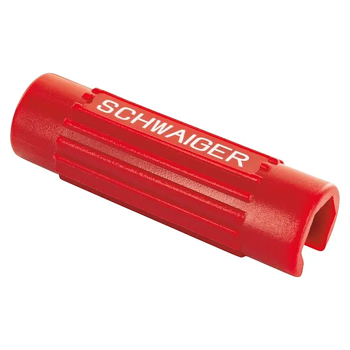 Schwaiger Montage-Set - 1 x Abisolierer, 1 x Aufdrehhilfe, 1 x Kabelaufdrehhilfe, 10 x F-Stecker - Nahaufnahme einer roten SCHWAIGER Kabeltülle, ein Zubehörteil für Antennenkabel, das Schutz und eine saubere Installation bietet.