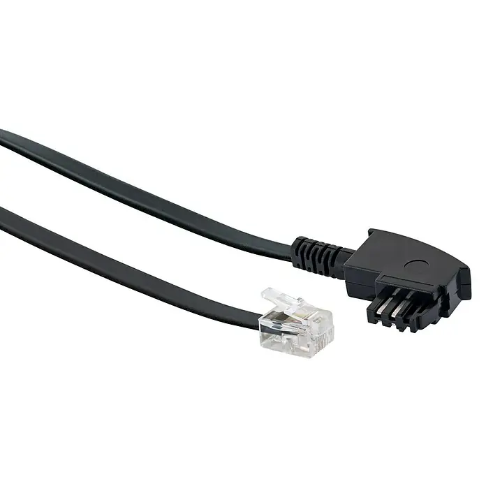 Schwaiger TAE-N-Anschlussleitung - TAE-N Stecker (6P4C), 6 m, Schwarz - Abbildung eines schwarzen TAE-Kabels mit einem RJ11-Stecker an einem Ende und einem TAE-Stecker am anderen Ende.