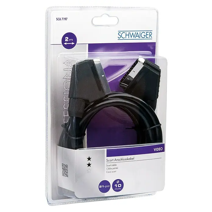 Schwaiger Scart-Kabel - Länge: 2 m, Schwarz, 10 mm - Verpackte Scart-Anschlusskabel von SCHWAIGER mit einer Länge von 2 Metern und einem Durchmesser von 10 mm, geeignet für Videoanwendungen.