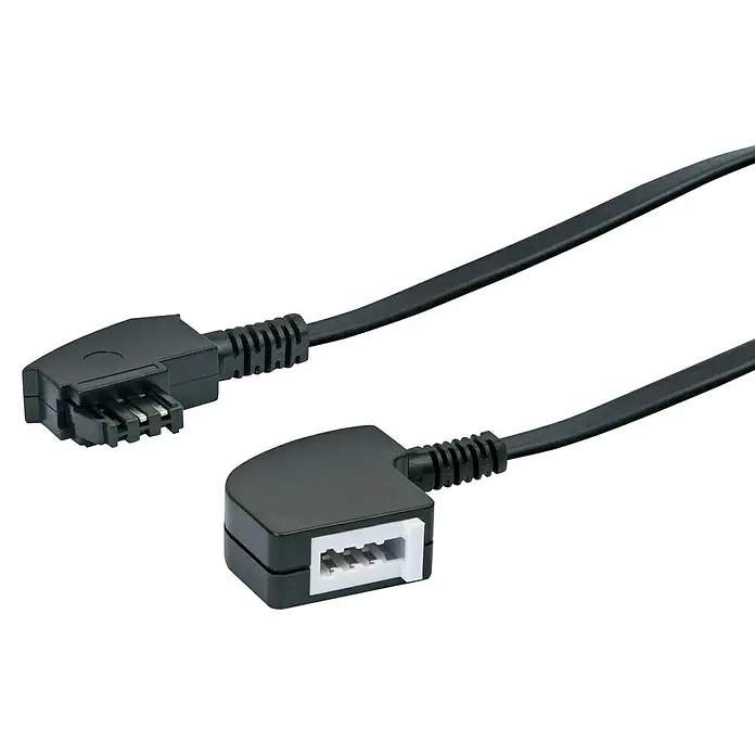 Schwaiger TAE-Verlängerungskabel - TAE-F Stecker (6P4C), TAE-F Buchse (6P4C), 6 m - Das Bild zeigt ein schwarzes Telefonkabel mit rechtwinkligen Steckern, die eine saubere und effiziente Verbindung ermöglichen.