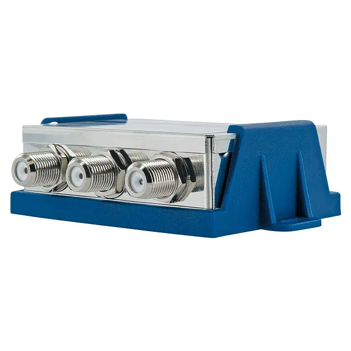 Schwaiger SAT-Umschaltbox - DiSEqC 1.0, 47 - 2.300 MHz, 4 dB - Nahaufnahme eines blauen Koaxialkabelverteilers mit drei Anschlüssen, ideal für TV- und Antennensignale.