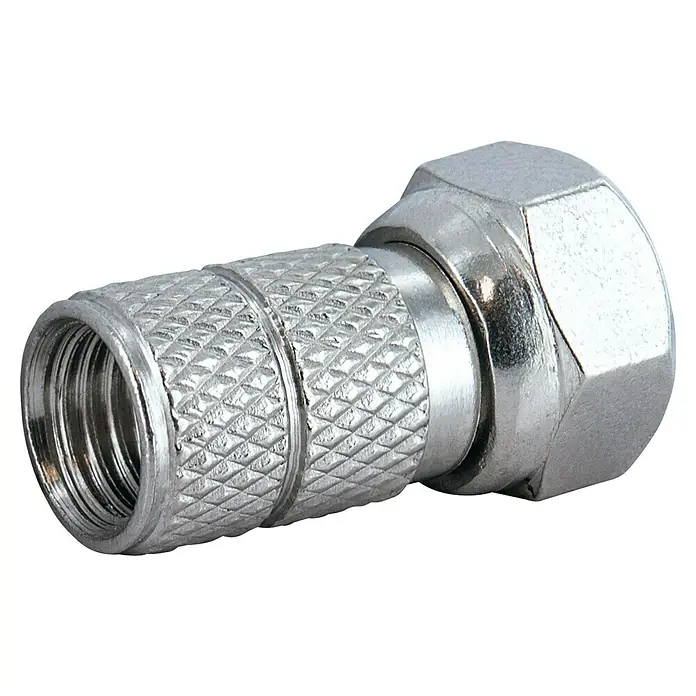 Schwaiger F-Stecker-Set Standard - 6,5 mm, 10 Stk. - Nahaufnahme eines silbernen F-Steckers für Koaxialkabel, der für TV- und Satellitenanschlüsse verwendet wird.