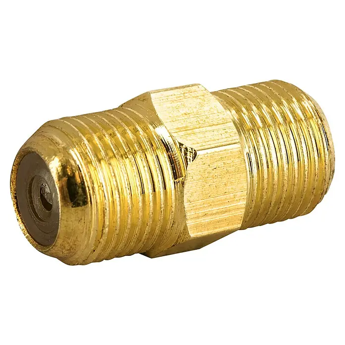 Schwaiger F-Doppelbuchse - Geeignet für: F-Stecker - Nahaufnahme eines goldenen, gewindelosen F-Steckers für Koaxialkabel, ideal für TV- und SAT-Anschlüsse.