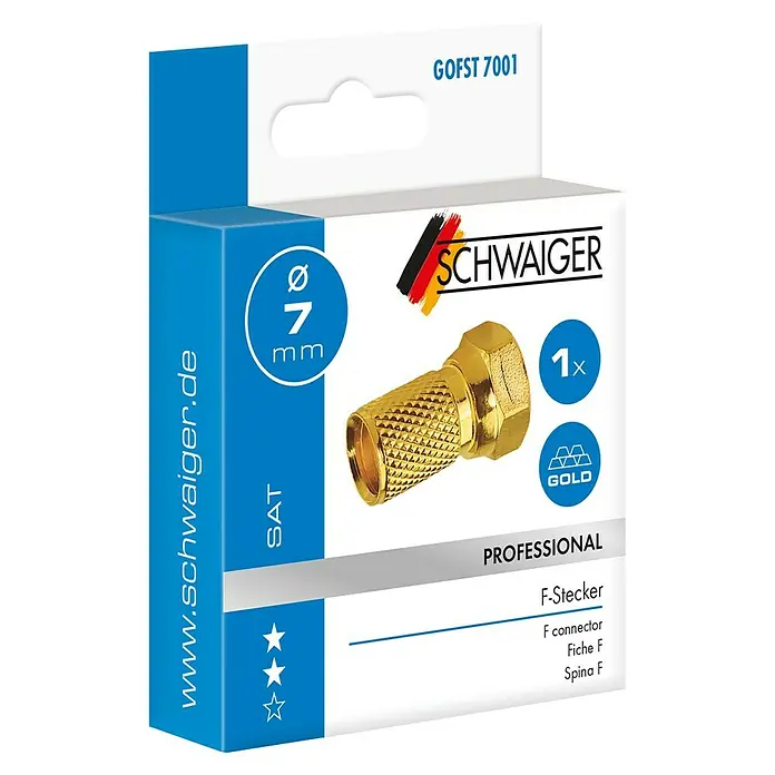 Schwaiger F-Stecker Professional - Durchmesser: 7 mm, Vergoldet, 1 Stk. - Bild einer Verpackung mit einem vergoldeten 7-mm-F-Stecker von Schwaiger, professionelle Qualität, für SAT-Anwendungen.