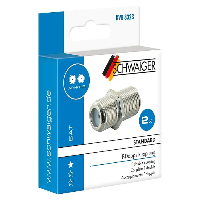 Schwaiger Verbinder - F-Buchse, 2 Stk. - Verpackung einer Schwaiger F-Doppelkupplung, einem Standard-Satellitenadapter für den Anschluss von Koaxialkabeln, mit der Artikelnummer KVB 8323.