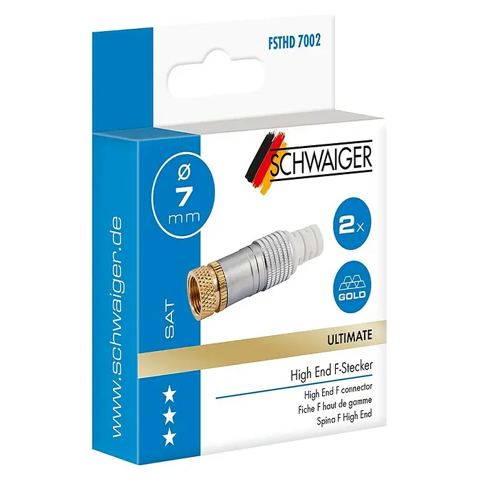Schwaiger F-Stecker HQ - Vergoldete Kontakte, Durchmesser: 7 mm, Kabelführung, 2 Stk. - Verpackung von Schwaiger High-End F-Steckern, die hochwertigen SAT-Anschluss für beste Signalübertragung versprechen.