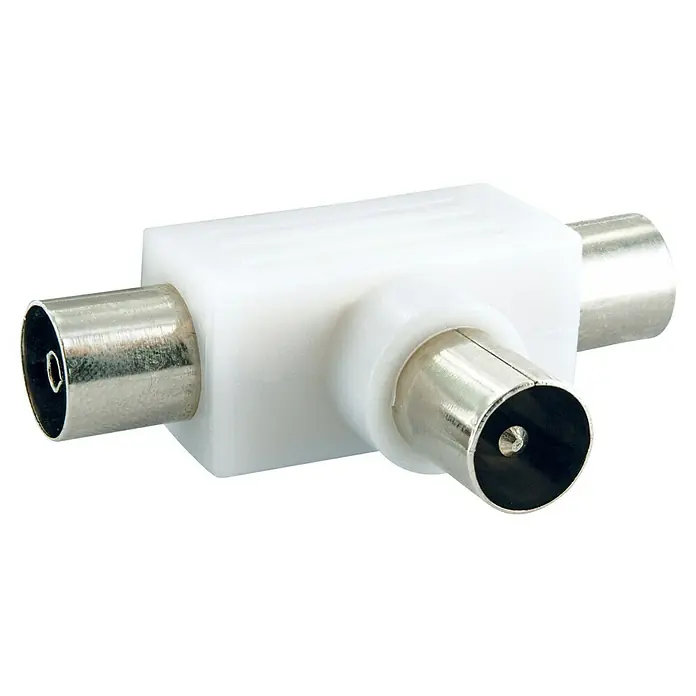 Schwaiger Aufsteckverteiler Radio - 2-fach, 1 x IEC Stecker, 2 x IEC Buchse, 5 - 1.000 MHz - Nahaufnahme eines weißen T-förmigen Koaxialkabel-Splitters, der zum Verbinden von Antennenkabeln oder für TV-Verbindungen genutzt wird.