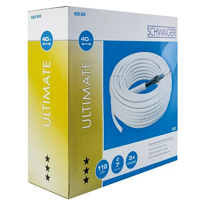 Schwaiger Koaxialkabel - 40 m, Weiß, Schirmungsmaß: 110 dB - Abbildung einer 40m Rolle Schwaiger Koaxial-Installationskabel Ultimate mit dreifacher Abschirmung, 7mm Durchmesser und 110dB Dämpfung.