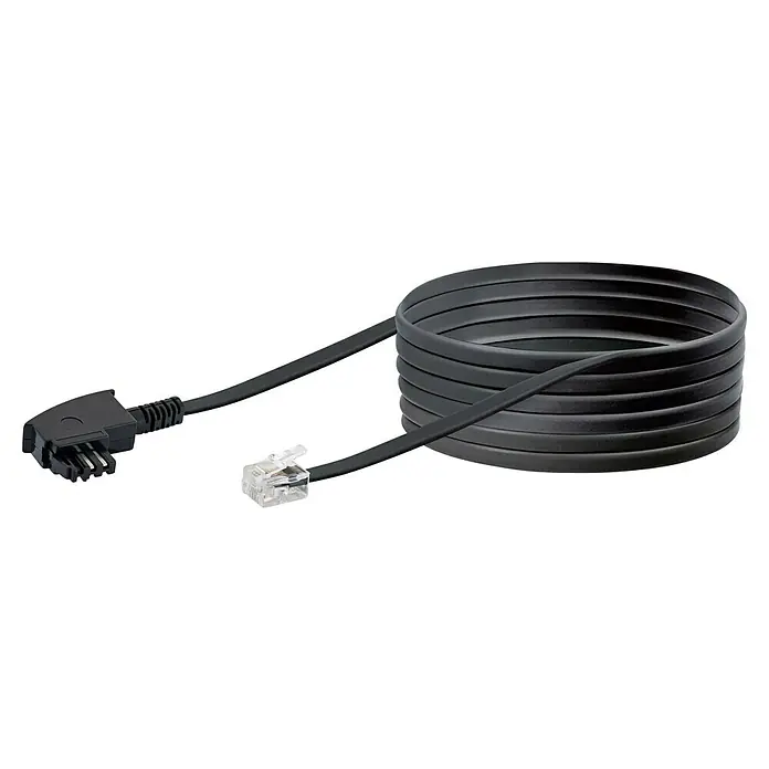 Schwaiger TAE-N-Anschlussleitung - TAE-N Stecker (6P4C), 10 m, Schwarz - Ein aufgerolltes, schwarzes Flachkabel mit TAE-F-Stecker und RJ11-Stecker für Telefonanschlüsse. Ein praktisches Verbindungskabel für Festnetztelefone.
