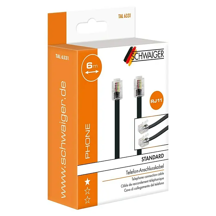 Schwaiger Telefonkabel - RJ11-Stecker, 6 m - Verpackung eines 6m langen SCHWAIGER Telefon-Anschlusskabels TAL 6331, RJ11 Standard für Telefonverbindungen.
