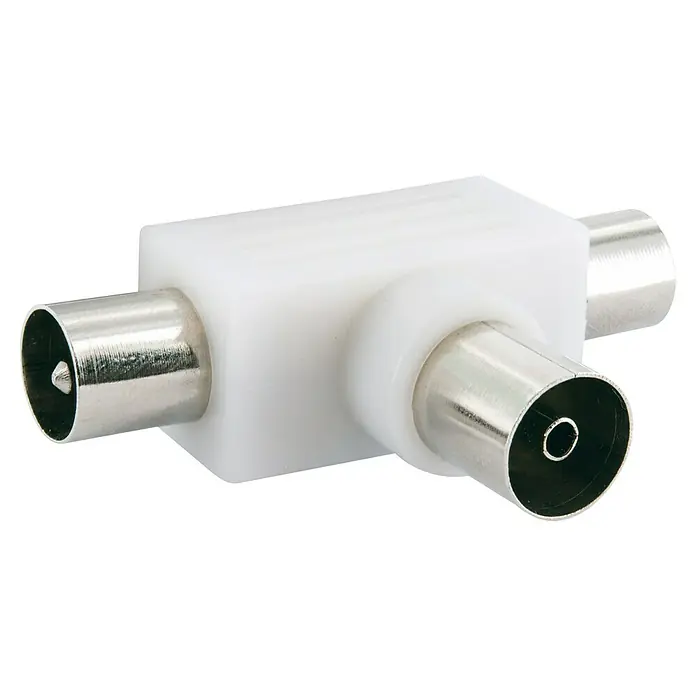 Schwaiger Aufsteckverteiler TV - 2-fach, 1 x IEC Buchse, 2 x IEC Stecker, 5 - 1.000 MHz - Weißer Antennen-T-Adapter zum Verbinden von Antennenkabeln, bietet eine einfache Lösung zum Verteilen eines Signals auf zwei Geräte.